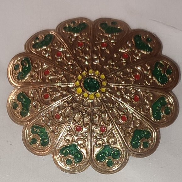 Boho Brooch Arabesque Gold and Green Vintage Bohemian intricate design old - Picture 1 of 5